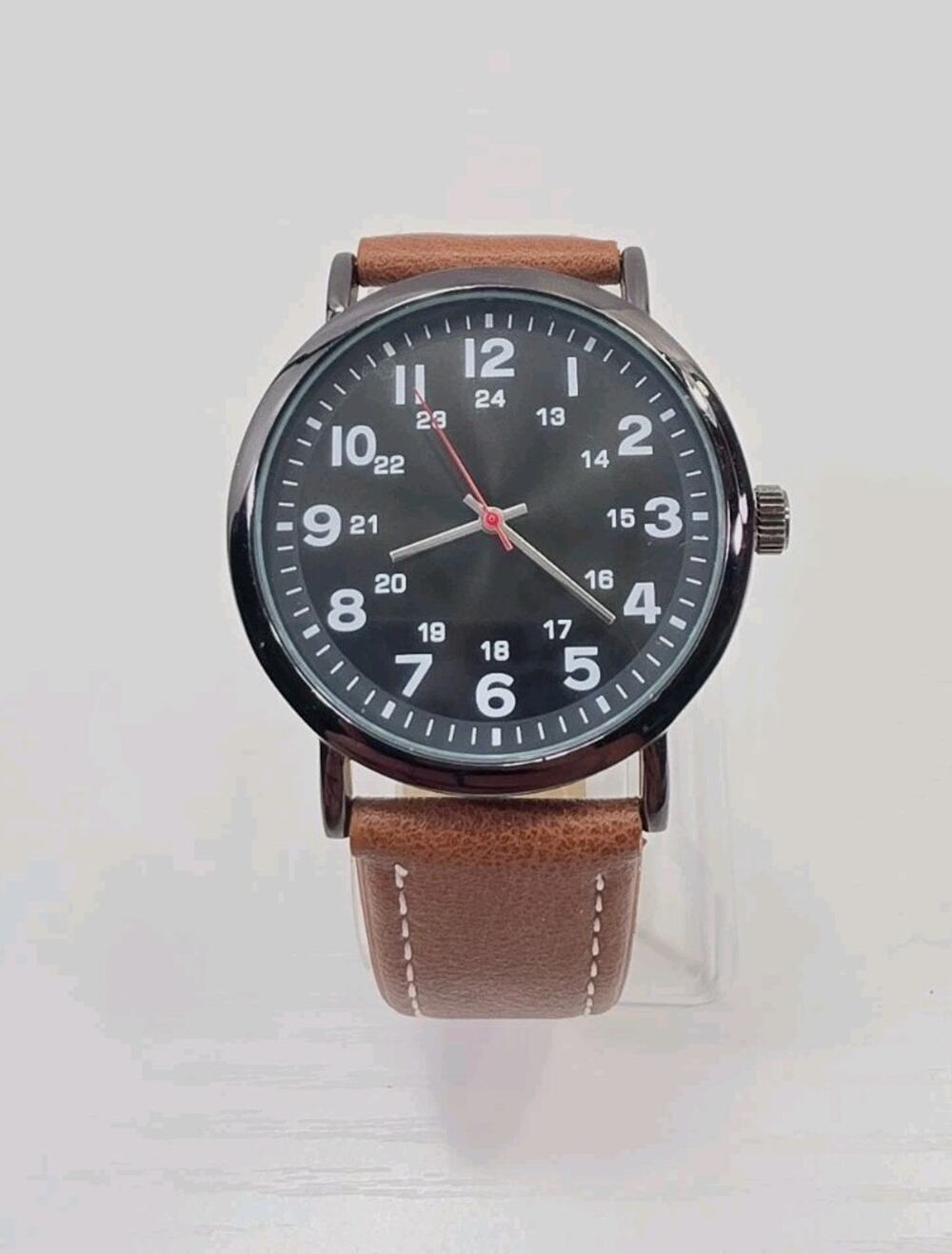 FMD Men's Military Style Watch - Black Dial, Brown Strap - New Battery W228
